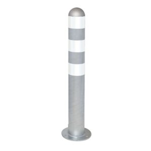 CITY — Borne de protection CITY acier, galvanisé à chaud, H 800 mm, calotte en aluminium, à cheviller, anneaux réflecteurs blancs