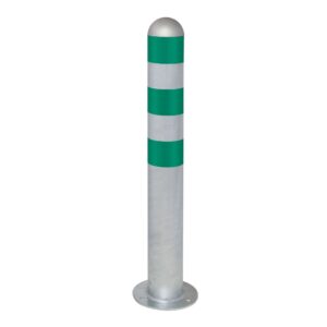 CITY — Borne de protection CITY acier, galvanisé à chaud, H 800 mm, calotte en aluminium, à cheviller, anneaux réflecteurs verts