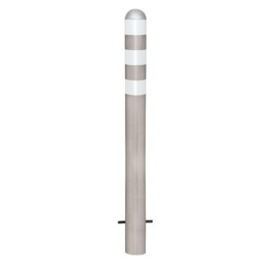 CITY — Borne de protection CITY en acier inoxydable, tube rond, H 1.200 mm, calotte en aluminium, à bétonner, anneaux réflecteurs blancs
