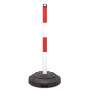 EXTERN — Poteau lourd pour chaîne EXTERNE, 60/1000 mm, rouge-blanc, capuchon noir à oeillets, pied rond recyclé
