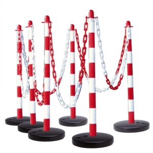 GUARDA — SET de poteaux à chaîne GUARDA, 6 poteaux rouge-blanc, pied en plastique remplissable (rond), avec oeillets, 10m de chaîne