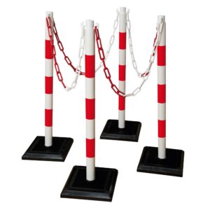 GUARDA — GUARDA-Plus Poteau d'avertissement pour chaîne, SET : 4 poteaux, plaques de base remplies de béton, 12,5 m de chaîne, rouge-blanc