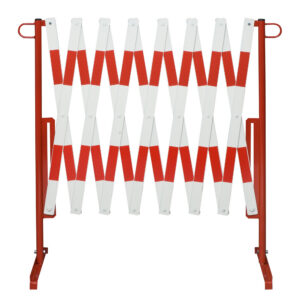 Barrière lourde à ciseaux FRANKFURT, jusqu'à 4000 mm, H 1000mm, tube d'acier, rouge-blanc, bandes réfléchissantes rouges