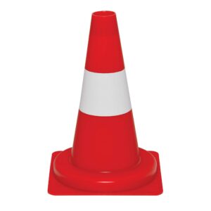 Cône de signalisation en PVC, fluorescent, rouge-orange, avec un anneau blanc, hauteur 350 mm